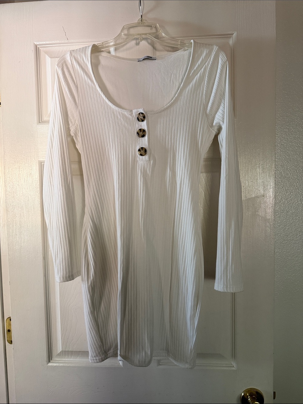 Fashion Nova White Ribbed Long Sleeve Scoop Neck Dress with Button Placket
